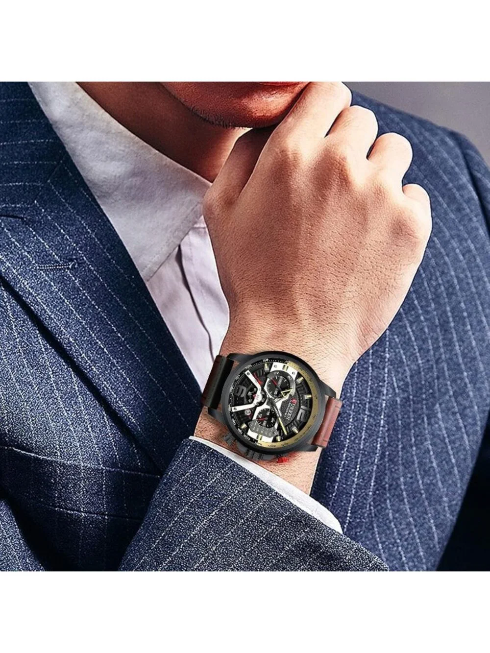 Men's Black Red Analog Quartz Waterproof Leather Strap Chronograph Luxury Watch